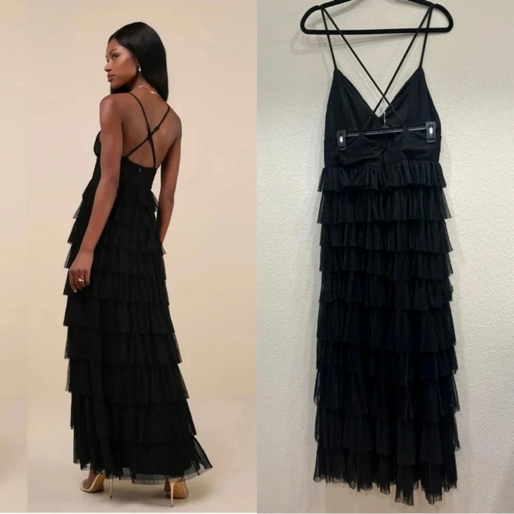 NWOT Lulus Radiant‎ Event Black Mesh Tiered Pleated Backless Maxi Dress - Picture 5 of 9